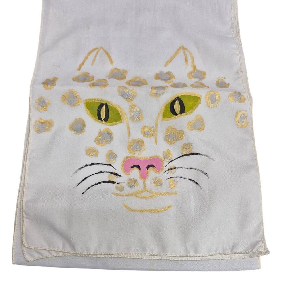 vintage White Hand Painted Kitty Cat Leopard Scarf 1970s Acetate 53" long